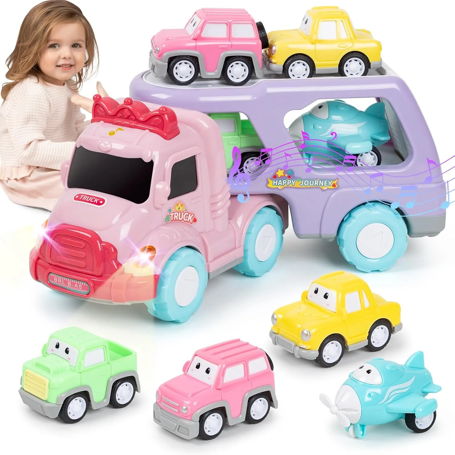 Toys for 3 4 5 Year Old Girl, 4 in 1 Pull Back Cars for Girl Carrier Truck Toys Trucks Toy Vehicles Set with Light & Music, Easter Birthday for Girls & Boys
