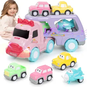 Toys for 3 4 5 Year Old Girl, 4 in 1 Pull Back Cars for Girl Carrier Truck Toys Trucks Toy Vehicles Set with Light & Music, Easter Birthday for Girls & Boys