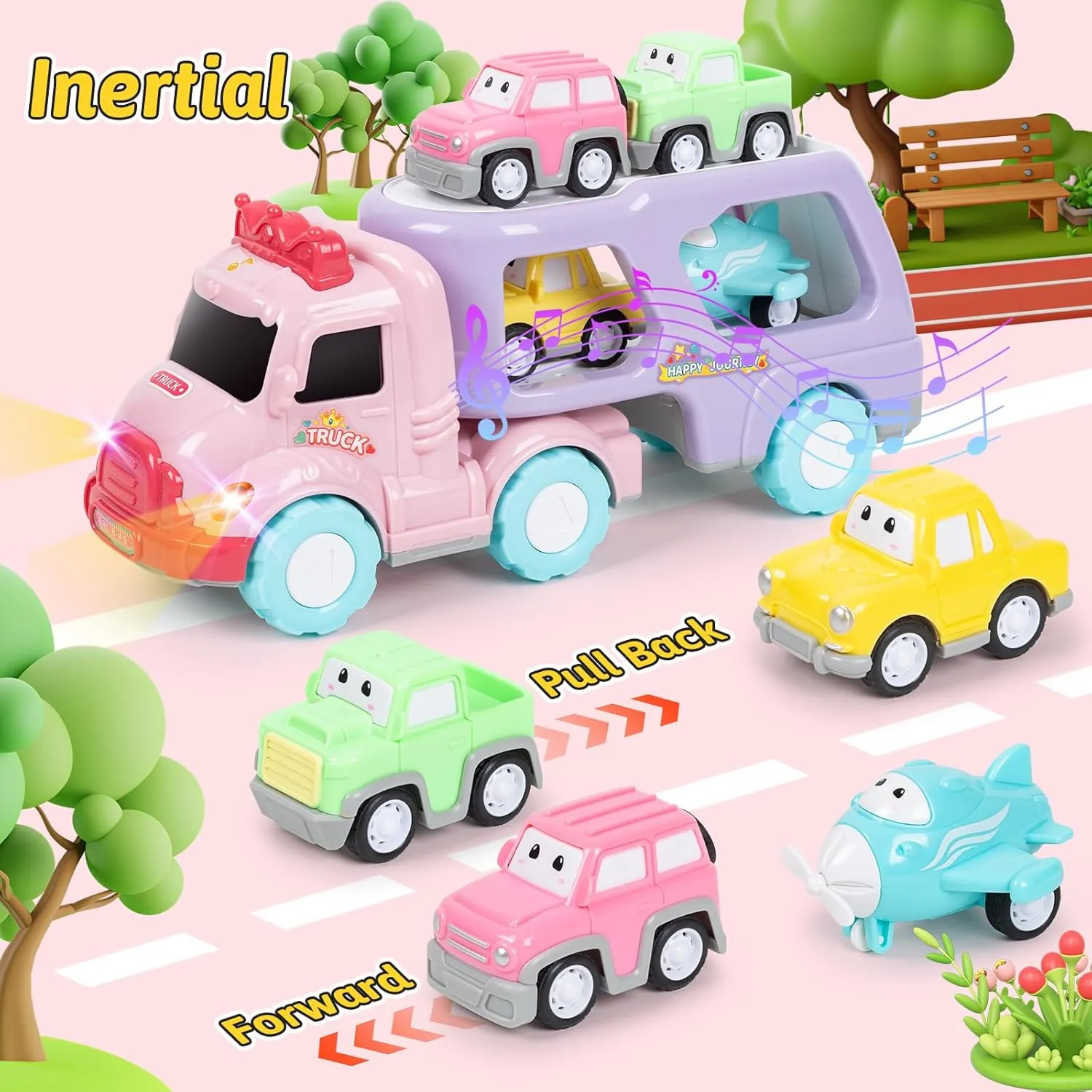 Toys for 3 4 5 Year Old Girl, 4 in 1 Pull Back Cars for Girl Carrier Truck Toys Trucks Toy Vehicles Set with Light & Music, Easter Birthday for Girls & Boys