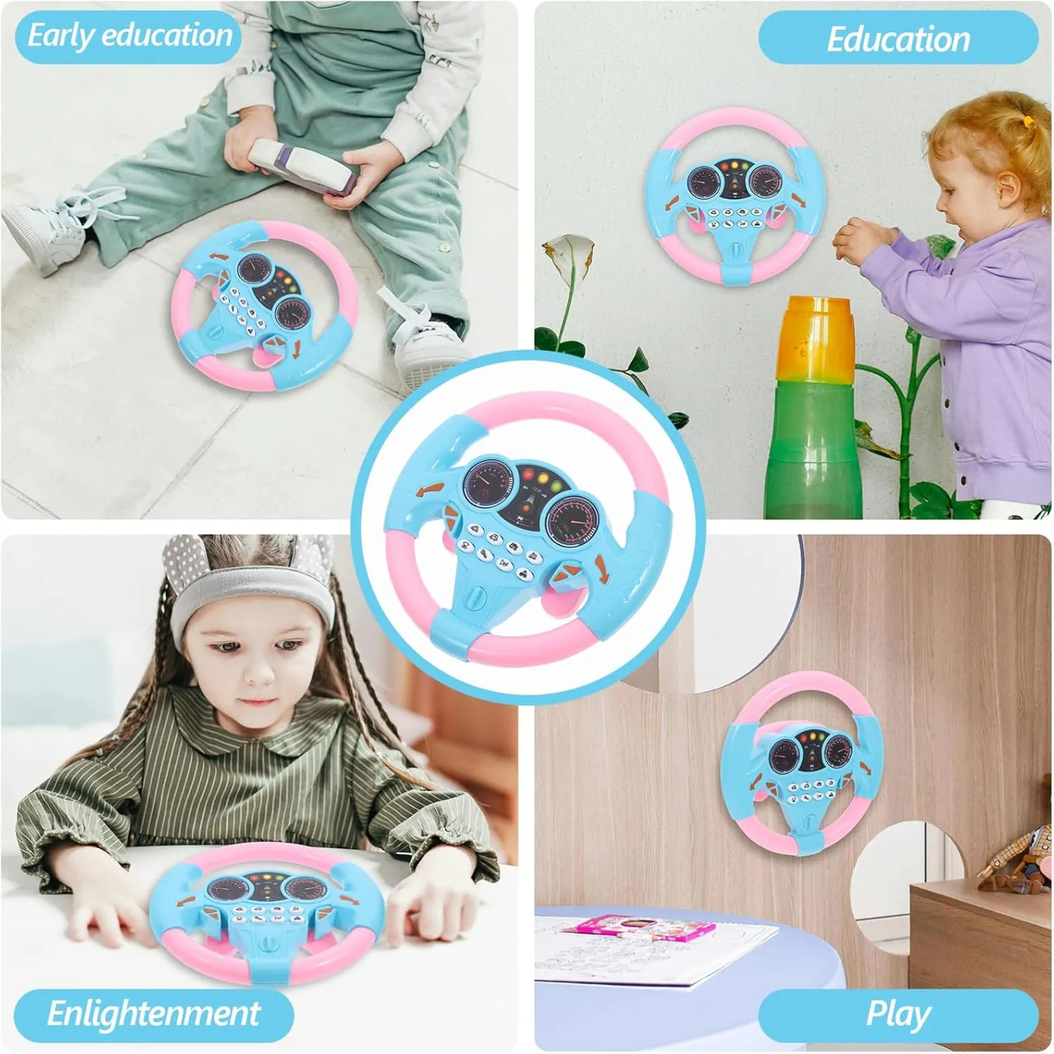 Toyvian Kids Simulated Driving Controller Toy Steering Wheel with Music & Sound Effects, Educational Toy for Kids, Pink, 7.87" x 7.87" x 1.37"