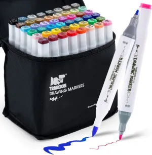 TRANSON Alcohol Markers for Drawing Coloring 48 Colors Dual-tip Fine and Brush Tips