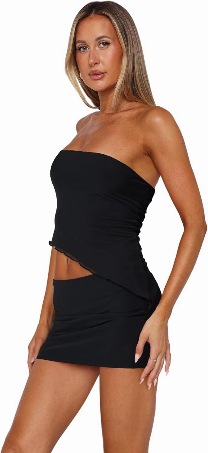 Two Piece Skirt Set for Women Summer Asymmetrical Mesh Strapless Tube Tops Mini Skirt Set Going Out Outfits