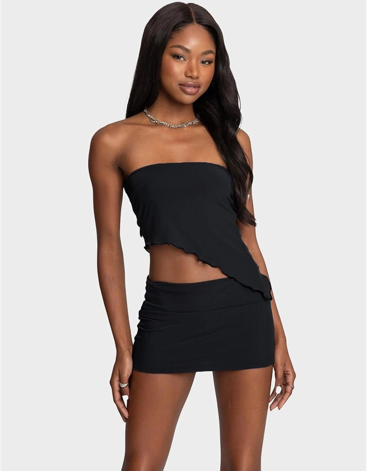 Two Piece Skirt Set for Women Summer Asymmetrical Mesh Strapless Tube Tops Mini Skirt Set Going Out Outfits