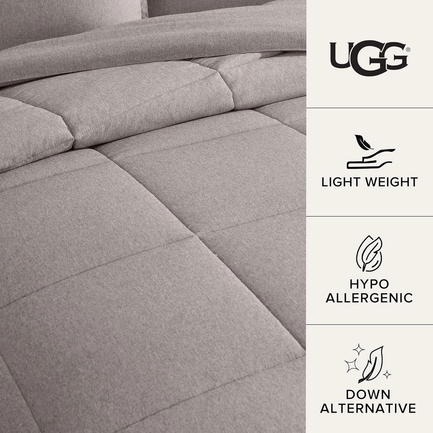 UGG Leonora Comforter Set with 2 Pillow Shams Lightweight Down Alternative Blanket Reversible Cozy Warm All Season Washable and Hypoallergenic Bedding Set, King, Light Grey