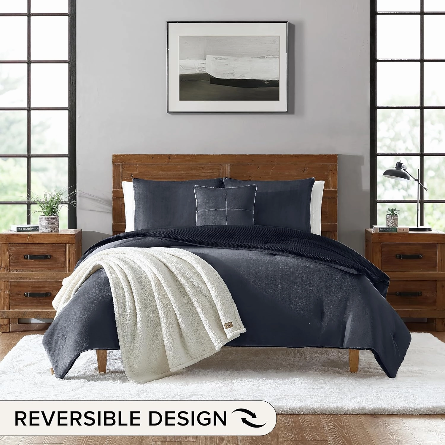 UGG Remina Comforter Set 5 Piece Bed in a Bag with Throw Blanket, Decorative Pillow, Shams, and Reversible Comforter Hypoallergenic Washable Luxury Plush Warm Plush Fluffy Bedding Set, King, Navy Blue