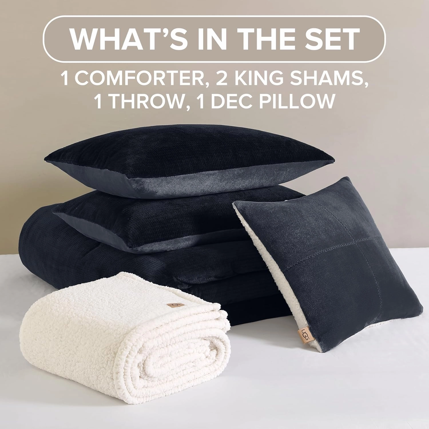 UGG Remina Comforter Set 5 Piece Bed in a Bag with Throw Blanket, Decorative Pillow, Shams, and Reversible Comforter Hypoallergenic Washable Luxury Plush Warm Plush Fluffy Bedding Set, King, Navy Blue