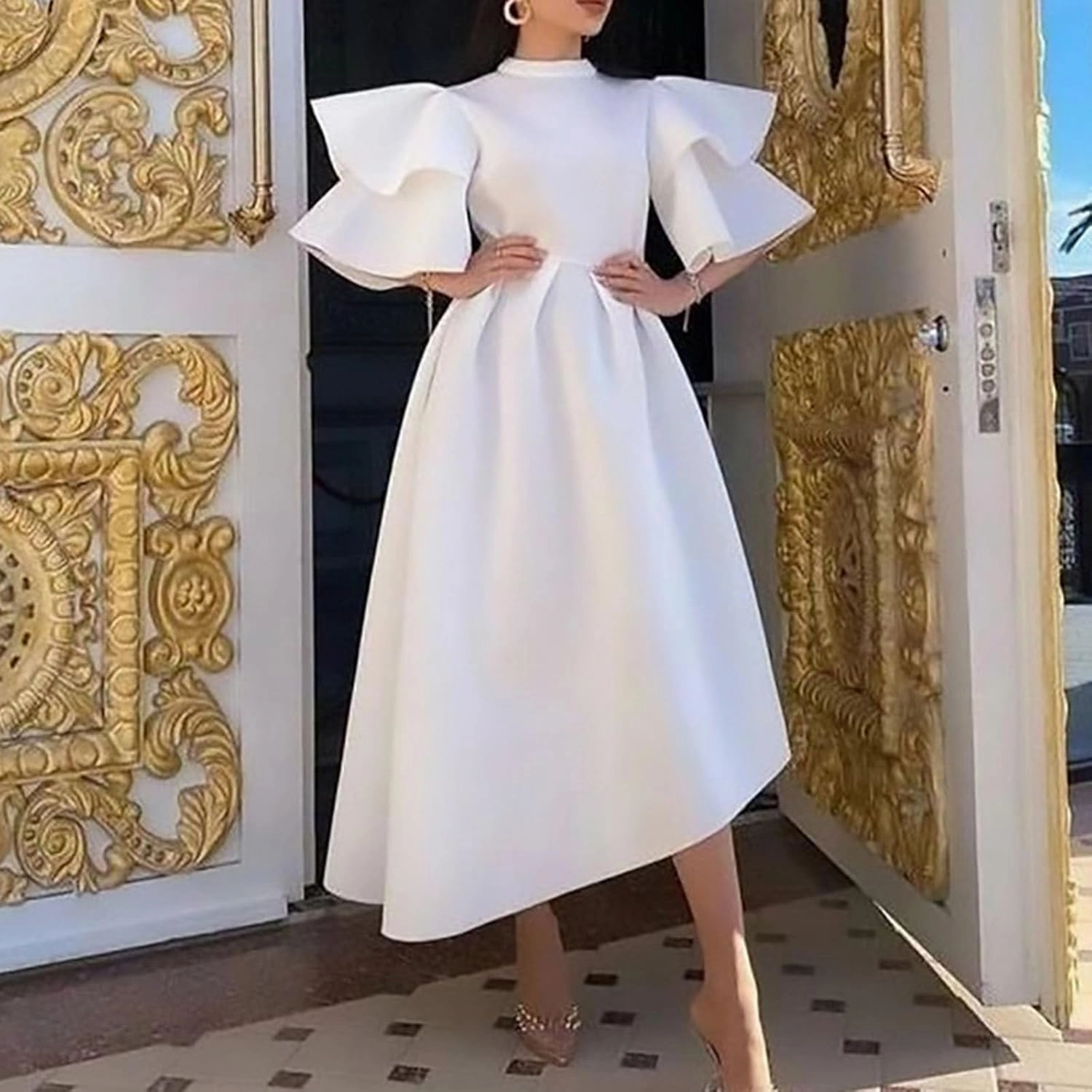 Uillui Ball Gowns for Women Formal Puffy Double Layers Ruffle Sleeve Dress Mock Neck Asymmetric Hem Cocktail Evening Dresses