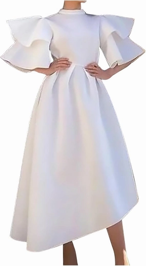 Uillui Ball Gowns for Women Formal Puffy Double Layers Ruffle Sleeve Dress Mock Neck Asymmetric Hem Cocktail Evening Dresses