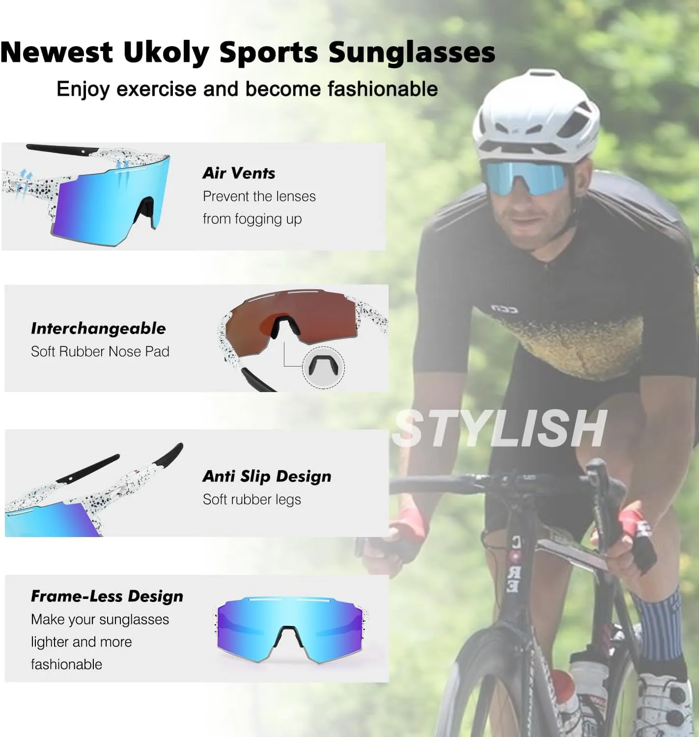 Ukoly Cycling Sunglasses for Men Women with 3 Interchangeable Lenses, Polarized Sports Sunglasses, Baseball Sunglasses