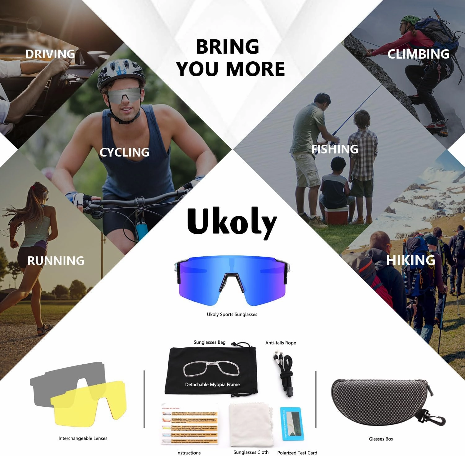 Ukoly Cycling Sunglasses for Men Women with 3 Interchangeable Lenses, Polarized Sports Sunglasses, Baseball Sunglasses