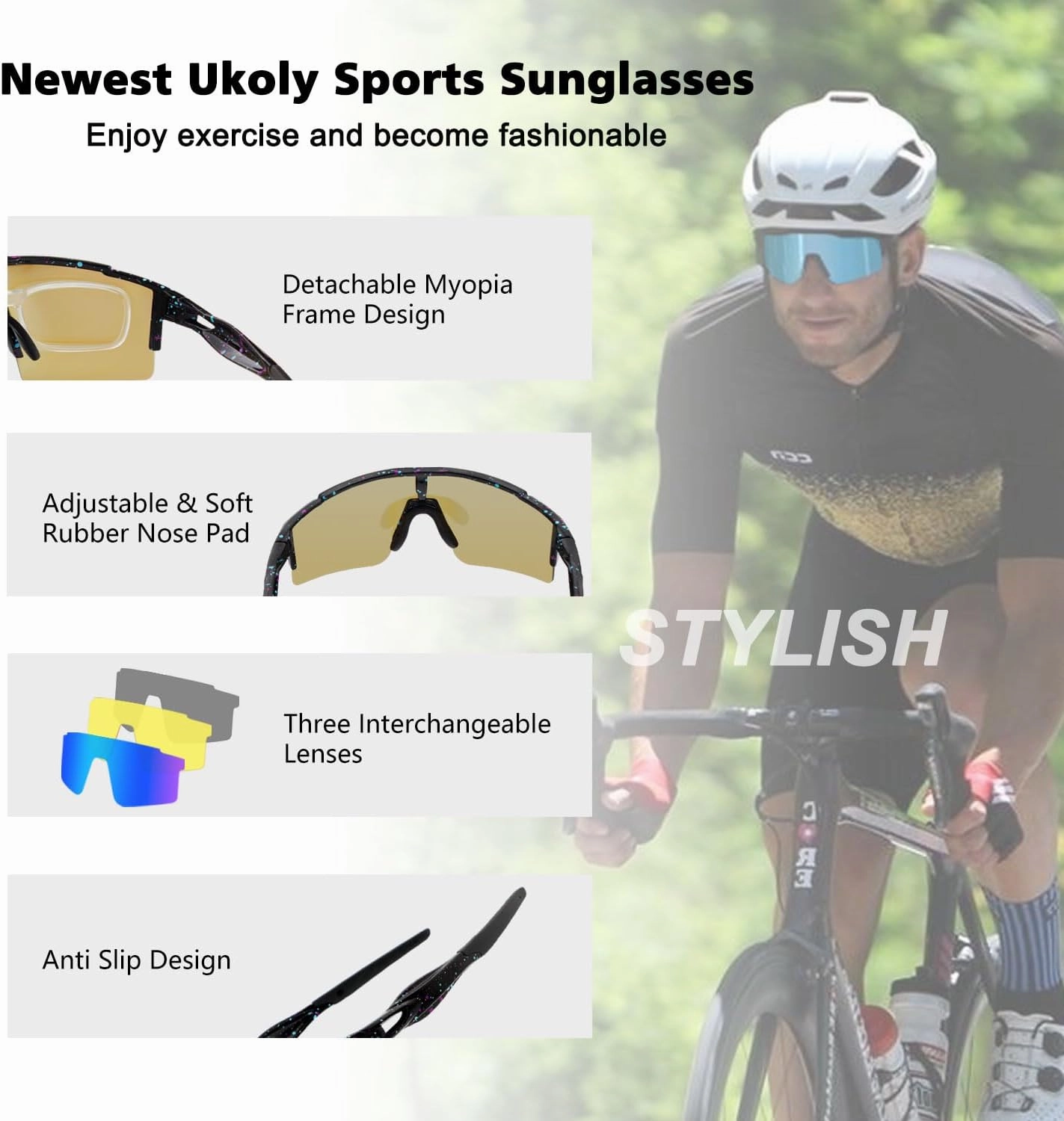 Ukoly Cycling Sunglasses for Men Women with 3 Interchangeable Lenses, Polarized Sports Sunglasses, Baseball Sunglasses