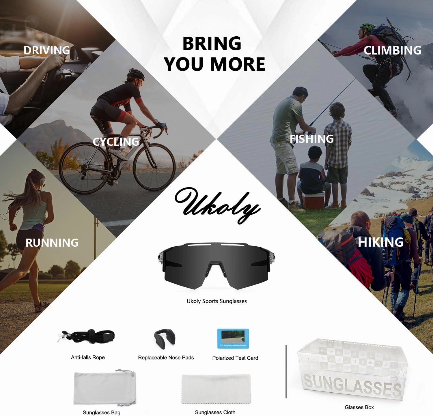 Ukoly Cycling Sunglasses for Men Women with 3 Interchangeable Lenses, Polarized Sports Sunglasses, Baseball Sunglasses