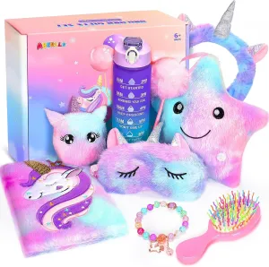 Unicorn Gifts for Girls Age 6 7 8 9 10  Years Old, Birthday for Girls Surprise Box with Light Up Plush Star Pillow, Diary, Headband, Eye Mask, Water Bottle, Soft Plush Toys for Teens Christmas