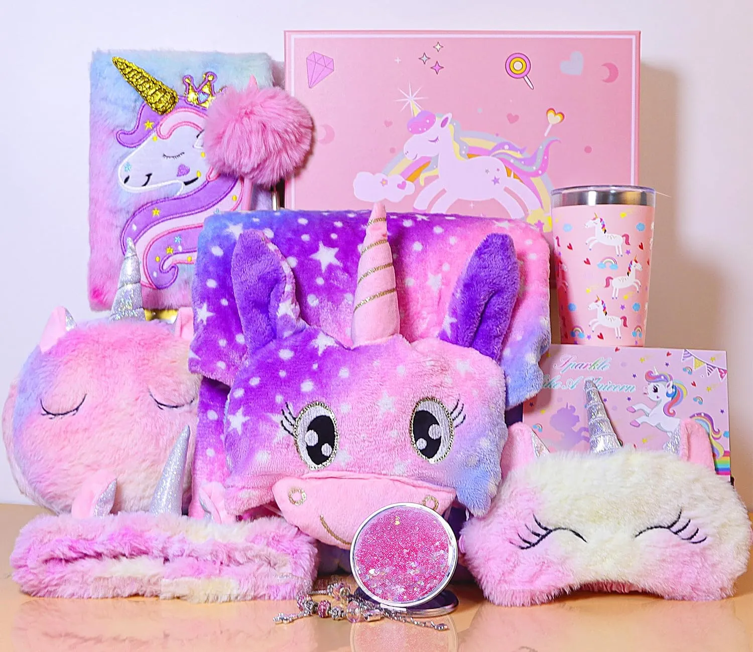 Unicorn Gifts for Girls Age 6-8, Christmas Birthday Gift Box for 6 7 8 9 10 Years Old Girl, 8PCs Unicorn-Themed Gift Basket with Tumbler, Diary with Lock, Bracelet, Eye Mask,Headband,Blanket,etc