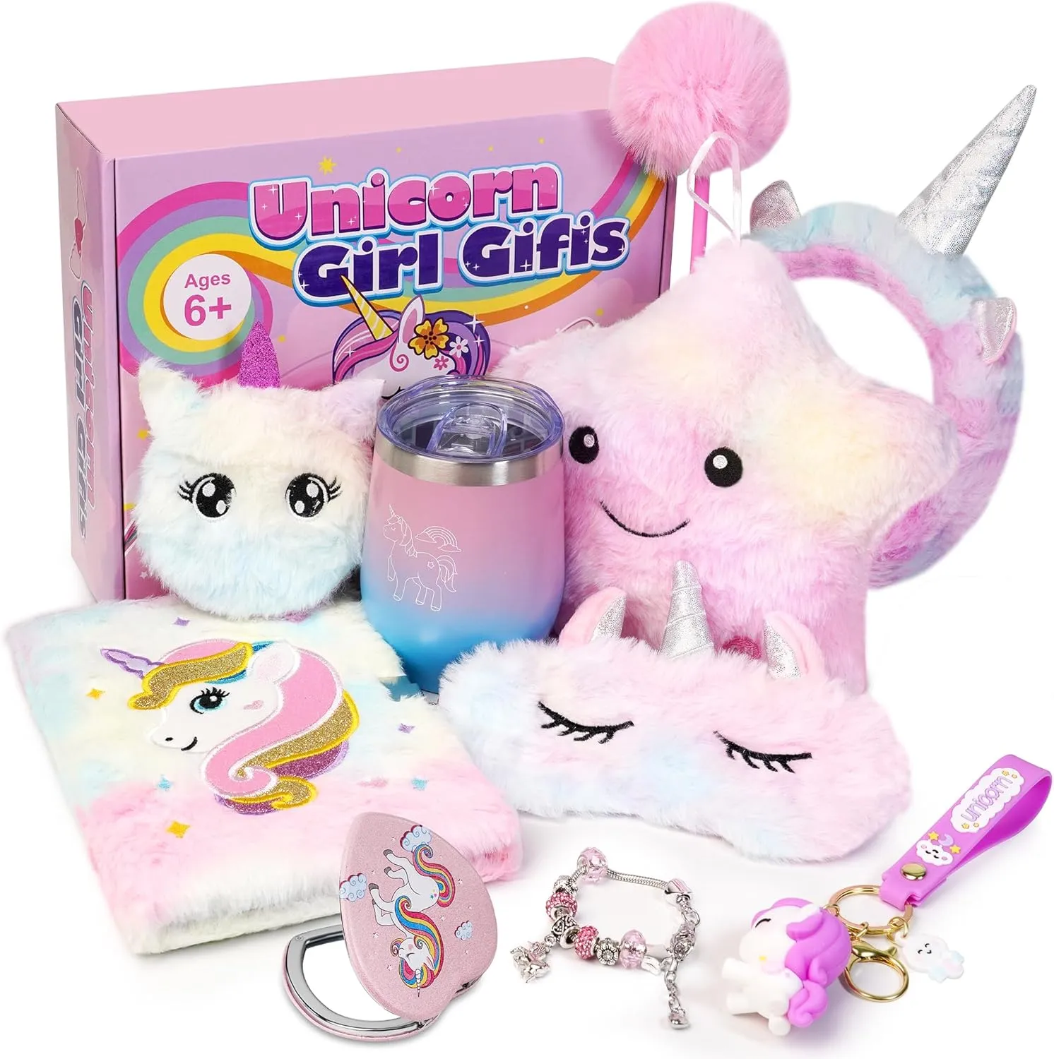 Unicorns Gifts for Girls 3 4 5 6 7 8 9 10  Years Old, Kids Unicorn Toys with Light Up Plush Star Pillow/Diary/Eye Mask/Headband/Water Bottle, Soft Plush Toys Set for Christmas/Birthday Gifts