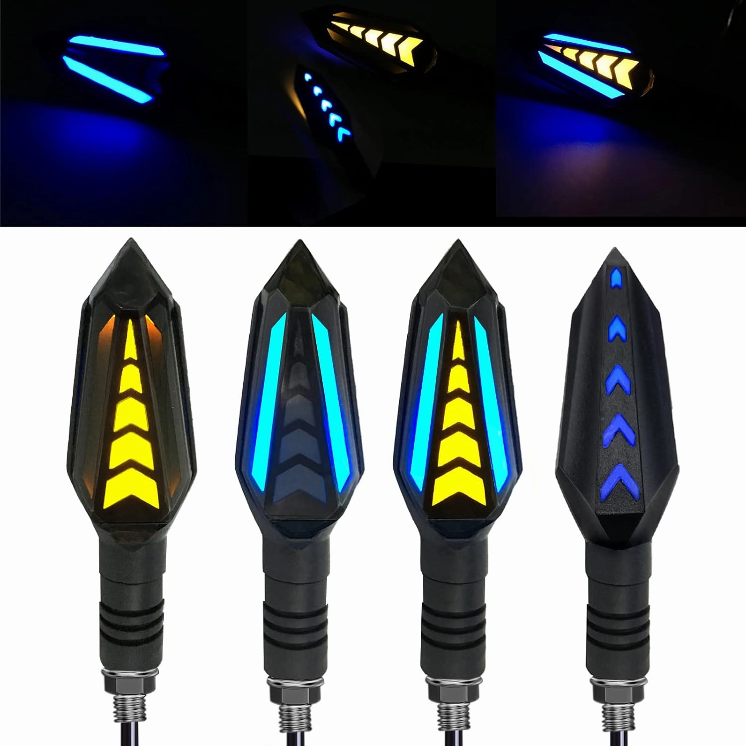 Universal 4Pcs Motorcycle Turn Signals Double Color Led Yellow Amber Flowing Blinker and Blue Daytime Running Indicator Compatible with Honda Harley Kawasaki Suzuki Yamaha (Black)
