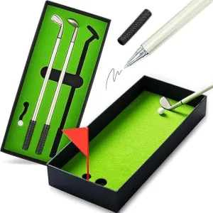 Upgraded Desktop Golf Pen Set - Includes Putting Green with Ball and Flag, Top Mini Golf Club Toy Driving Range, Golf Ball & Ballpoint Pen for Father