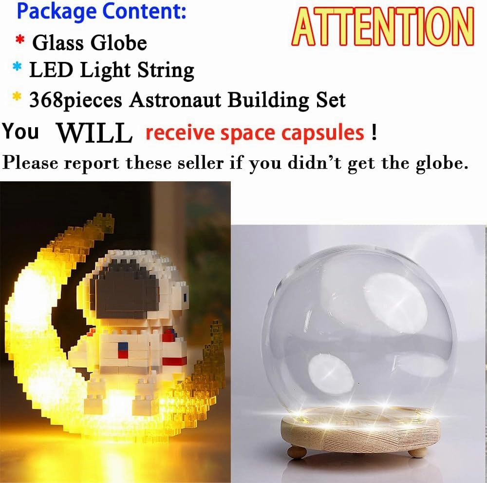 Uvini Building Blocks Astronaut Model with LED Light & Glass Globe, STEM Building Toy, Micro Blocks for Kids or Adult Gifts, Spaceman on The Moon Mini Blocks Set DIY Bricks Toys 368Pieces
