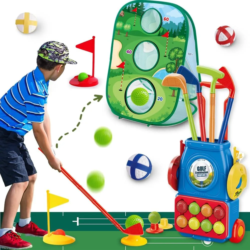 VATOS Golf Set for Kids, 34PCS Kids Golf Clubs Kit with Double-Sided Golf Board, Golf cart, 4 Colorful Golf Clubs, 14 Balls, 2 Practice Holes & Bases, Golf mat, Toddler Golf Set Game for Boys Girls