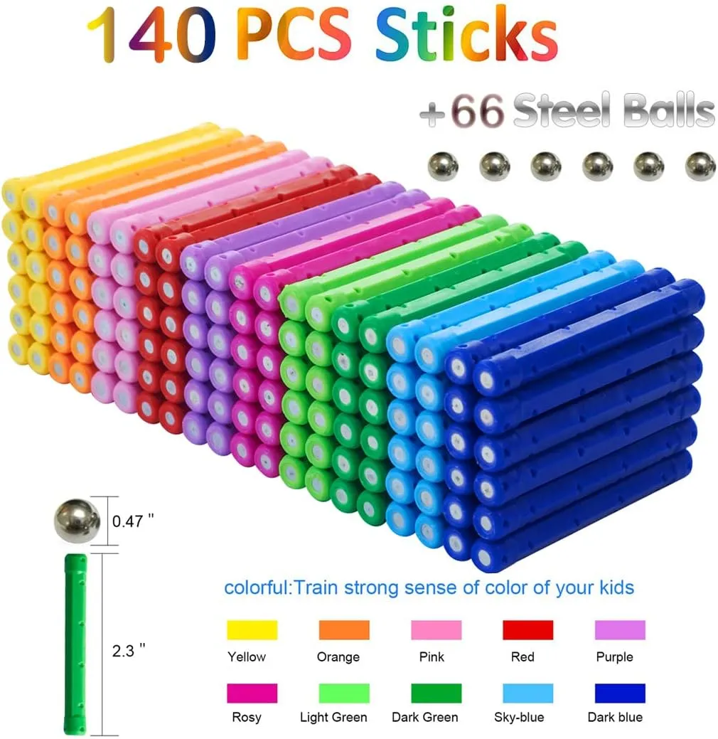 Veatree 206Pcs 2.28" Magnetic Building Sticks Blocks Toys, Magnet Educational Toys STEM Toys for Kids and Adult, Building Toy 3D Puzzle with Storage Bag