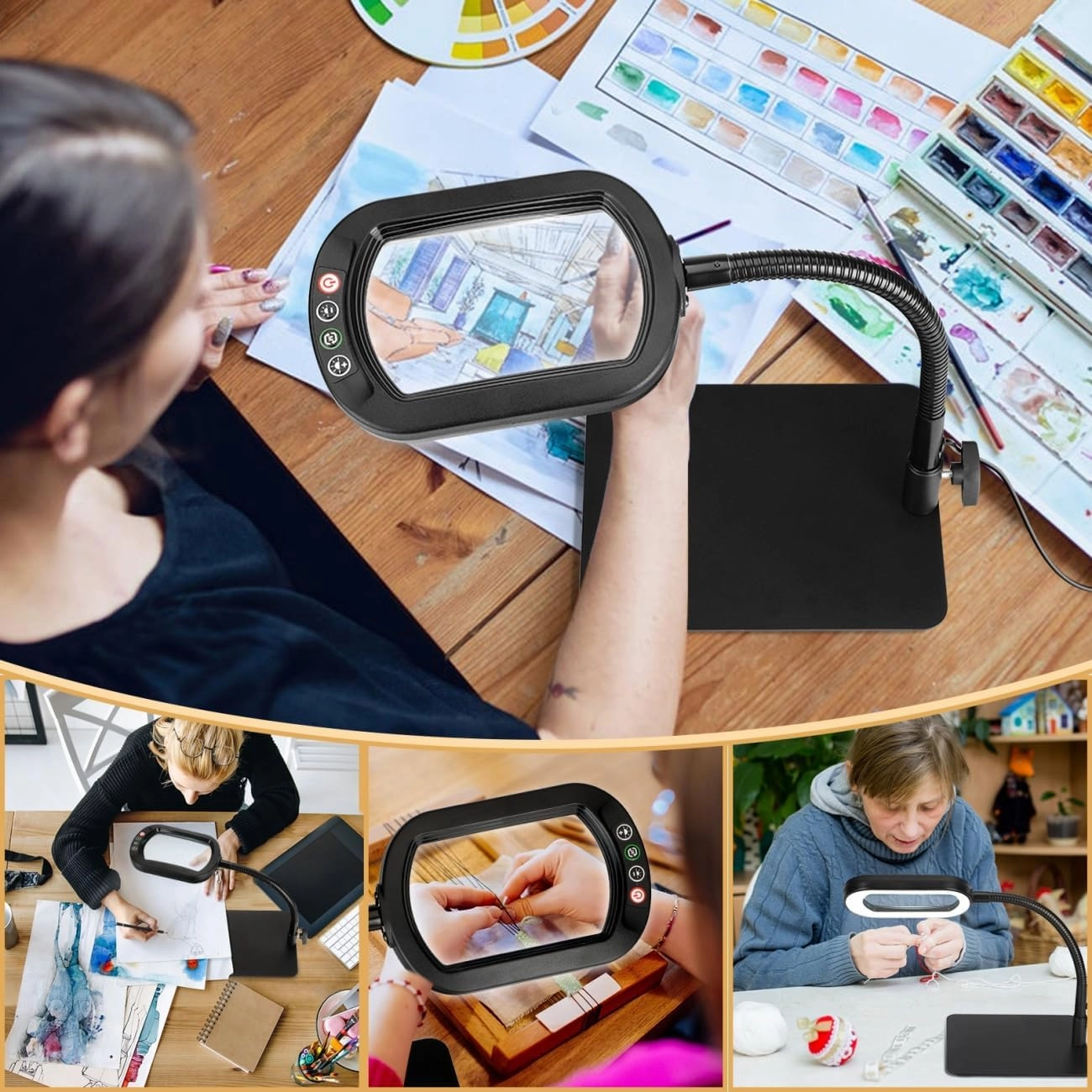 Veemagni 10X Rectangle Magnifying Glass with Light and Stand, Flexible Gooseneck LED Lighted Desk Lamp, 5 Color Modes Stepless Dimmable, Hands Free Magnifier for Reading Crafts Painting Close Work
