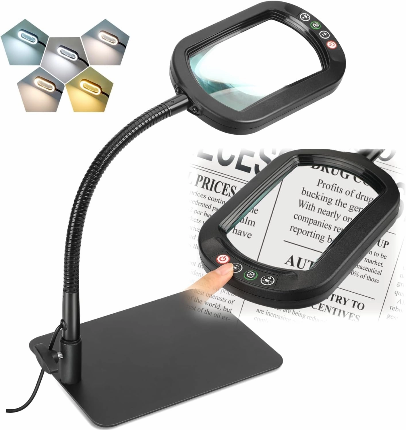 Veemagni 10X Rectangle Magnifying Glass with Light and Stand, Flexible Gooseneck LED Lighted Desk Lamp, 5 Color Modes Stepless Dimmable, Hands Free Magnifier for Reading Crafts Painting Close Work