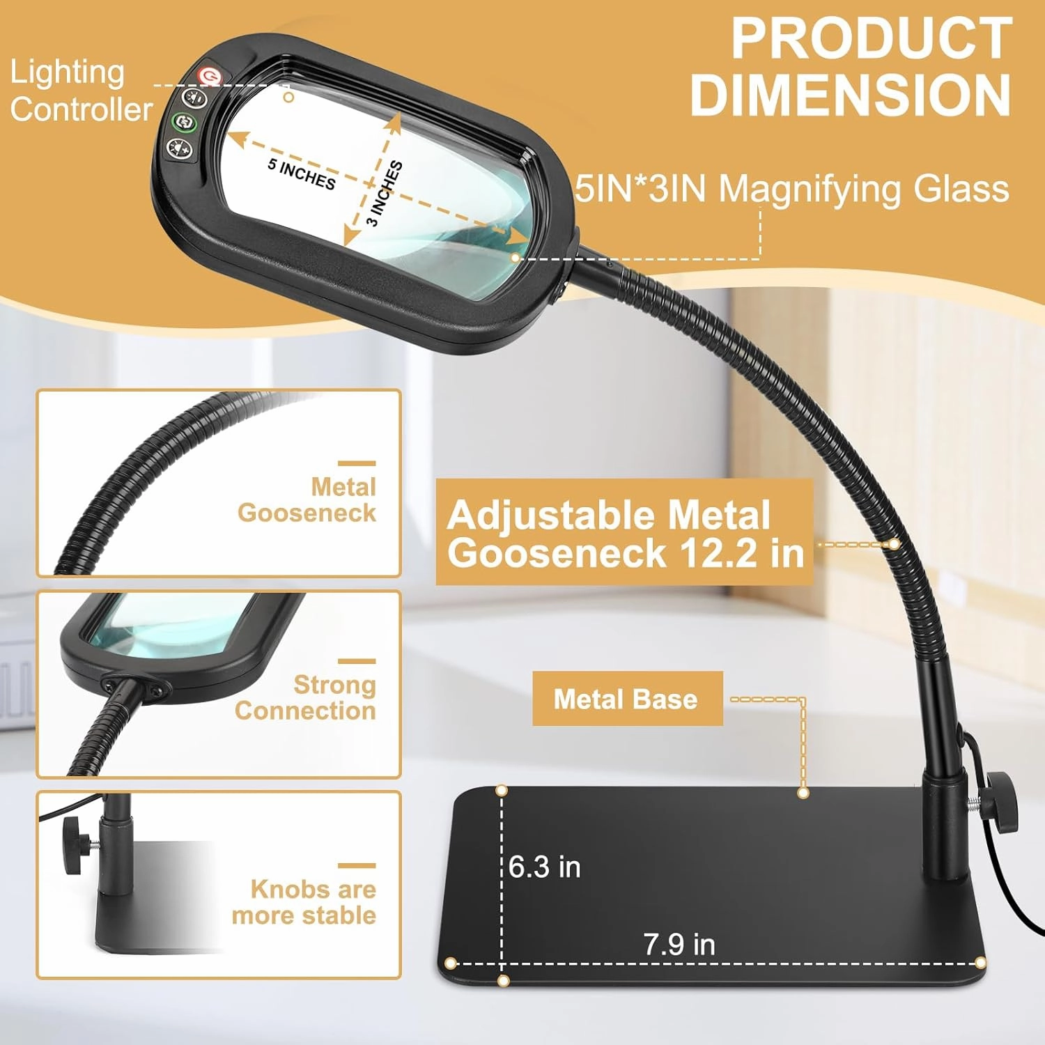 Veemagni 10X Rectangle Magnifying Glass with Light and Stand, Flexible Gooseneck LED Lighted Desk Lamp, 5 Color Modes Stepless Dimmable, Hands Free Magnifier for Reading Crafts Painting Close Work
