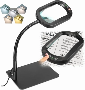 Veemagni 10X Rectangle Magnifying Glass with Light and Stand, Flexible Gooseneck LED Lighted Desk Lamp, 5 Color Modes Stepless Dimmable, Hands Free Magnifier for Reading Crafts Painting Close Work