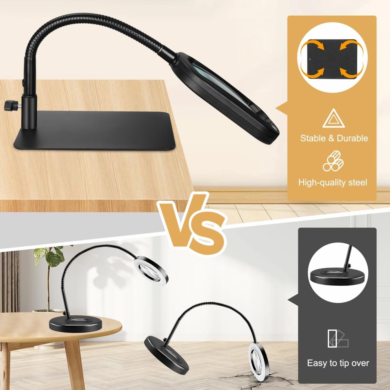 Veemagni 10X Rectangle Magnifying Glass with Light and Stand, Flexible Gooseneck LED Lighted Desk Lamp, 5 Color Modes Stepless Dimmable, Hands Free Magnifier for Reading Crafts Painting Close Work