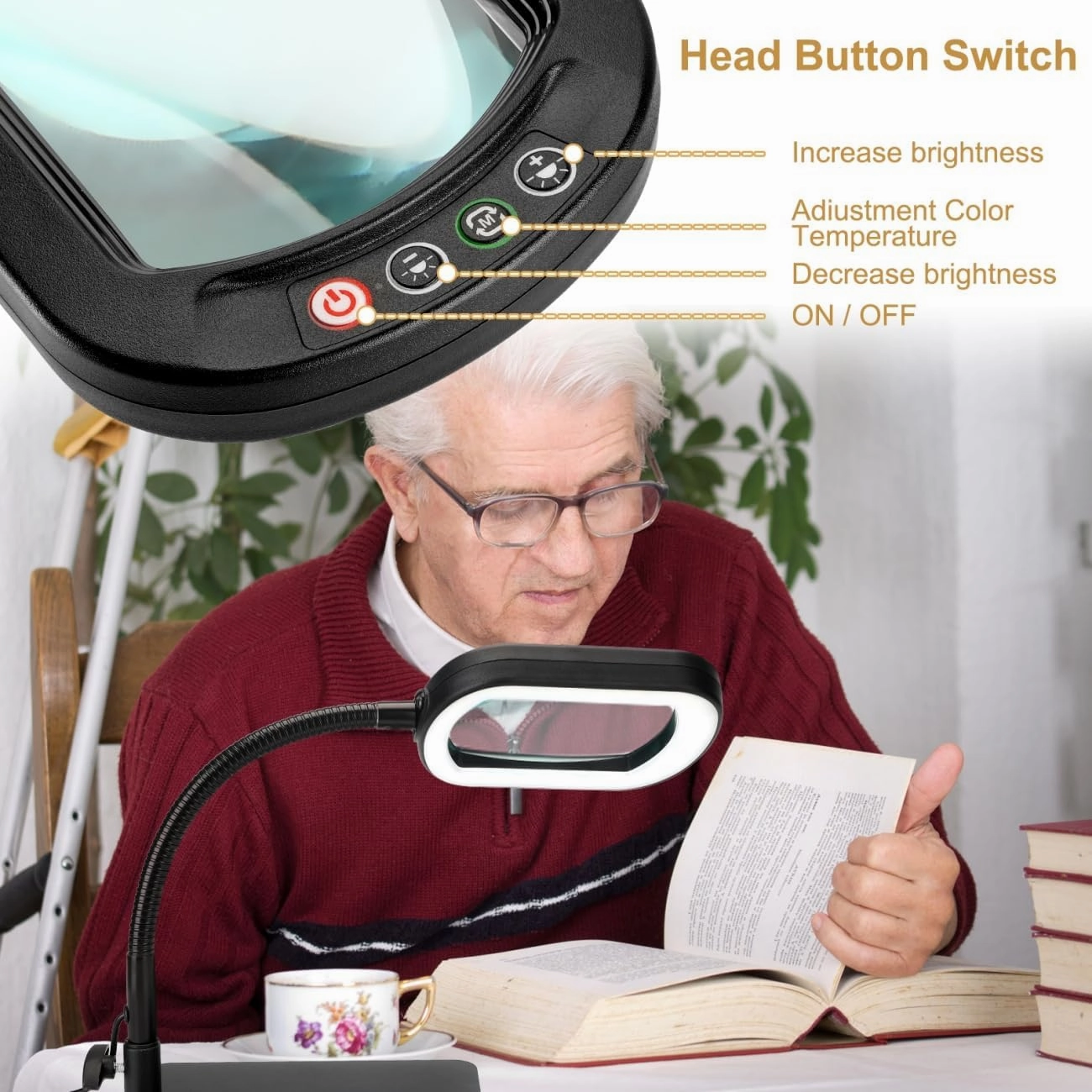 Veemagni 10X Rectangle Magnifying Glass with Light and Stand, Flexible Gooseneck LED Lighted Desk Lamp, 5 Color Modes Stepless Dimmable, Hands Free Magnifier for Reading Crafts Painting Close Work