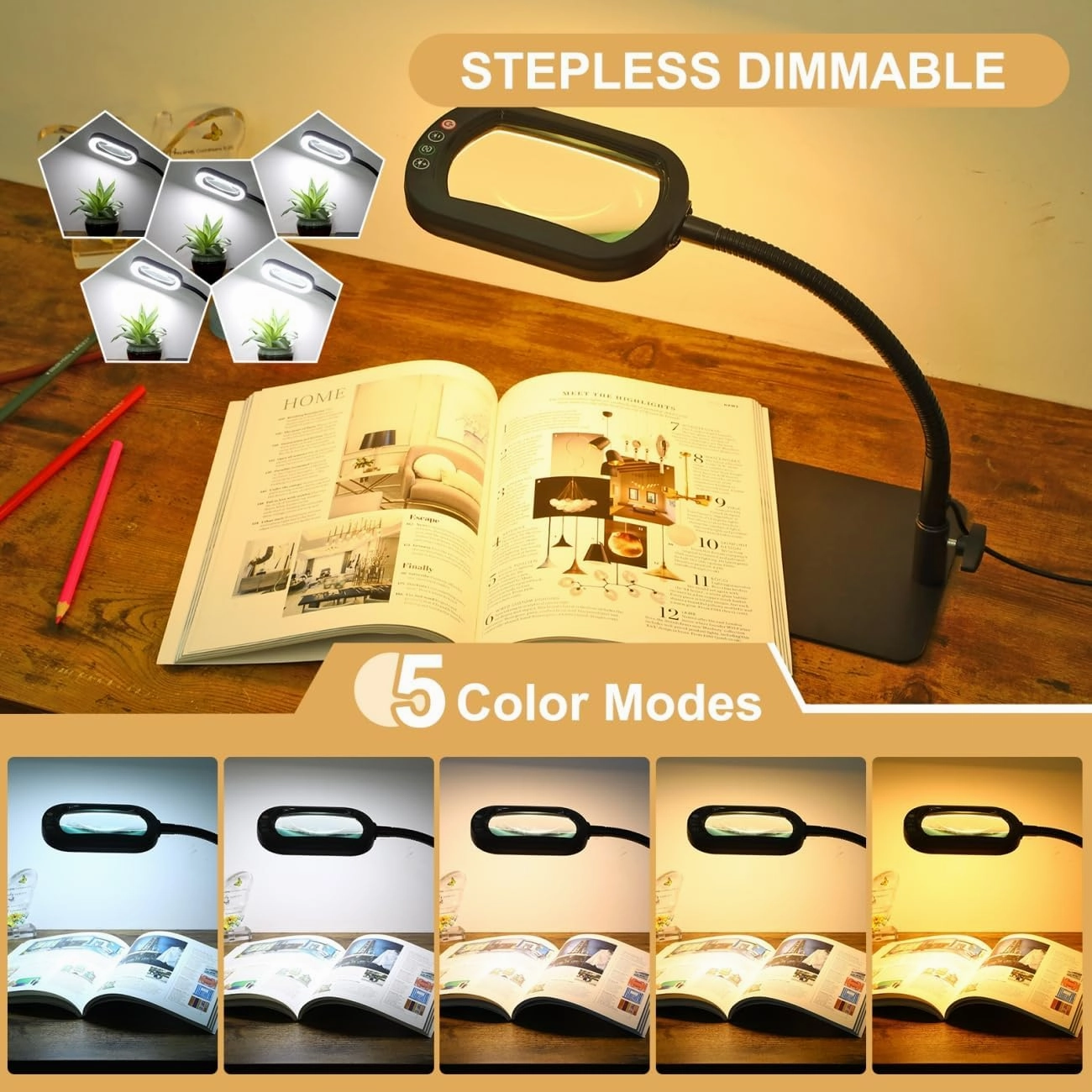 Veemagni 10X Rectangle Magnifying Glass with Light and Stand, Flexible Gooseneck LED Lighted Desk Lamp, 5 Color Modes Stepless Dimmable, Hands Free Magnifier for Reading Crafts Painting Close Work