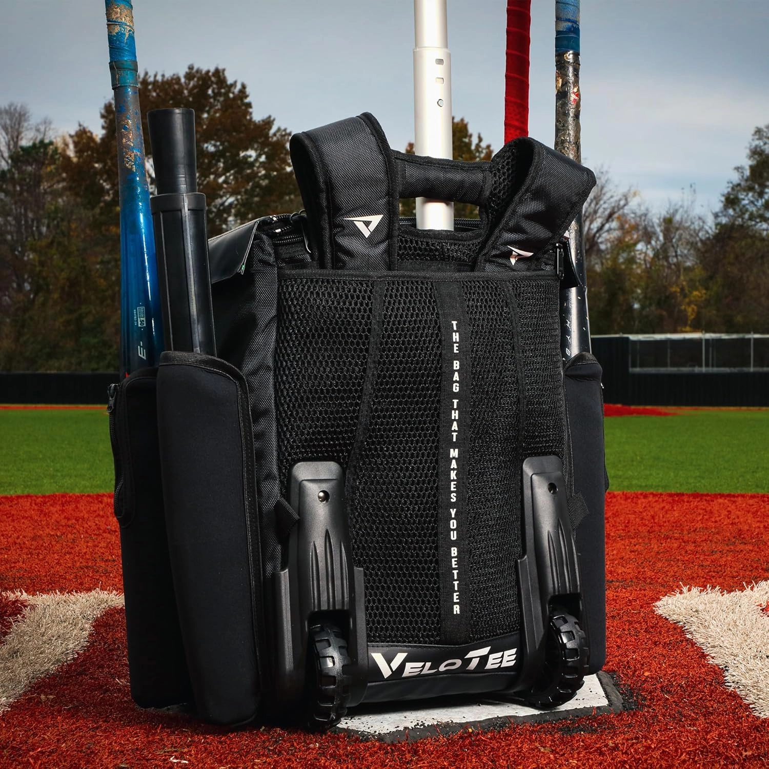 VeloTee 2.0 Baseball & Softball Bat Bag | Coaches Bag | Bucket Backpack Seat with Adjustable Batting Tee