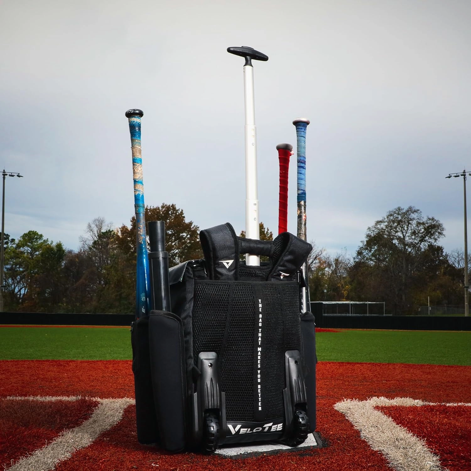 VeloTee 2.0 Baseball & Softball Bat Bag | Coaches Bag | Bucket Backpack Seat with Adjustable Batting Tee