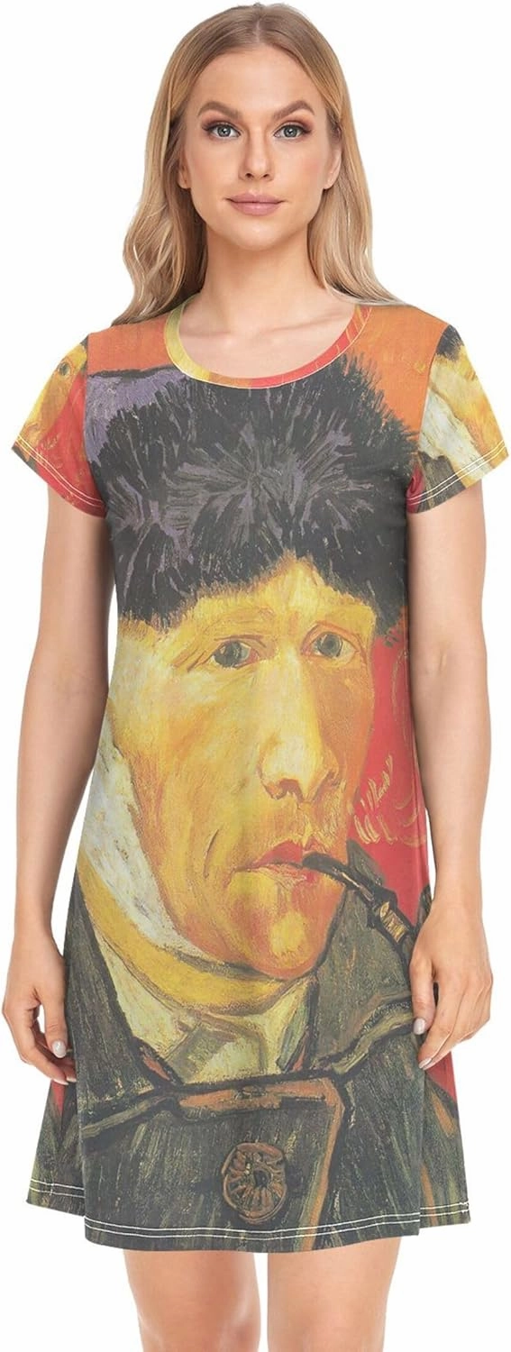 Vincent Vangogh Self Portrait Womens Sleeping Gown Cute Print Lounge Short Night t Shirt Dress S