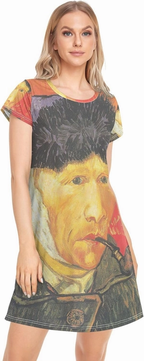 Vincent Vangogh Self Portrait Womens Sleeping Gown Cute Print Lounge Short Night t Shirt Dress S
