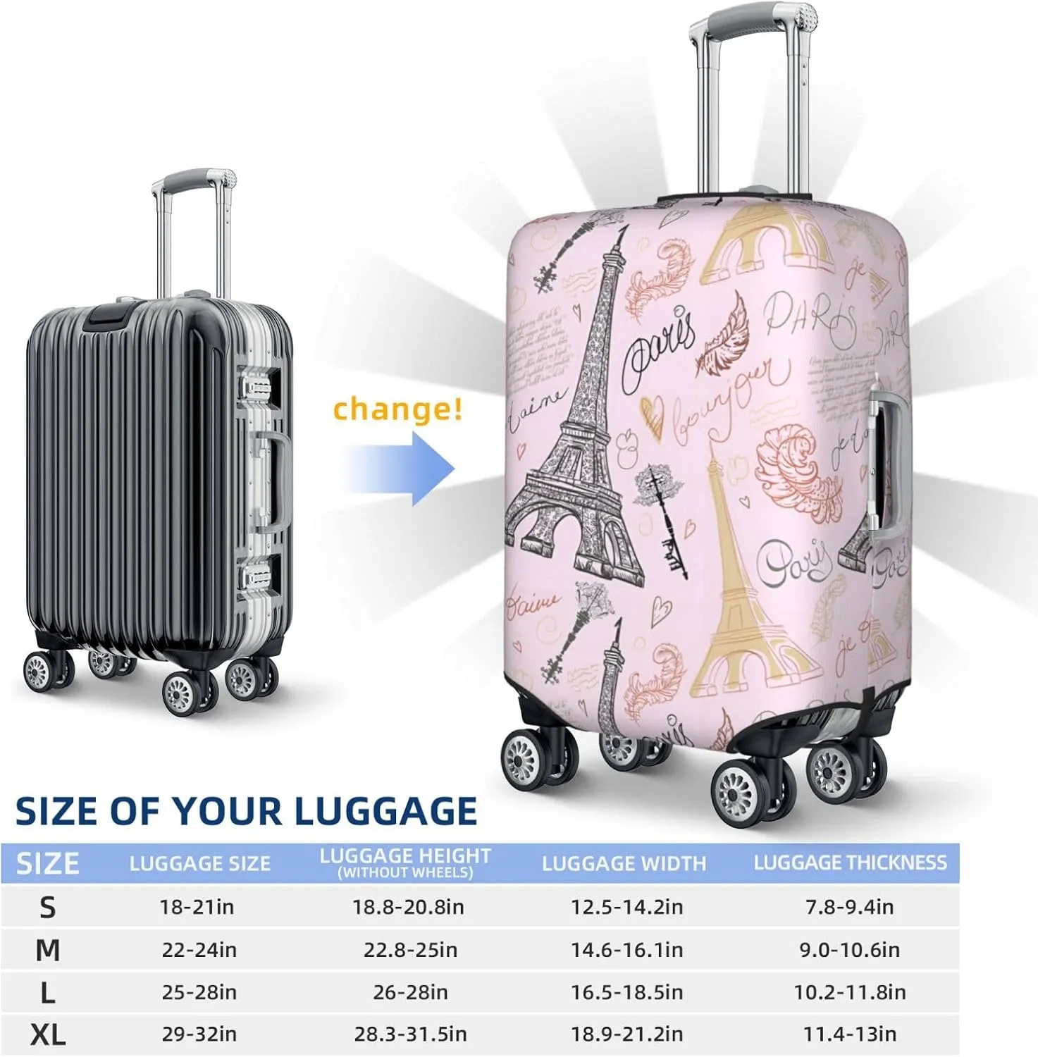 Vintage Eiffel Tower Travel Luggage Cover Fits 18-32 Inch Luggage, Elastic Suitcase Cover Protector with Concealed Zipper for Wheeled Suitcase Tsa Approved