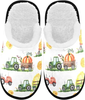 visesunny Autumn Pumpkin Tractor Trailer Wheelbarrow Haystack Cozy Fuzzy Mens Womens Memory Foam House Slippers Plush Fleece