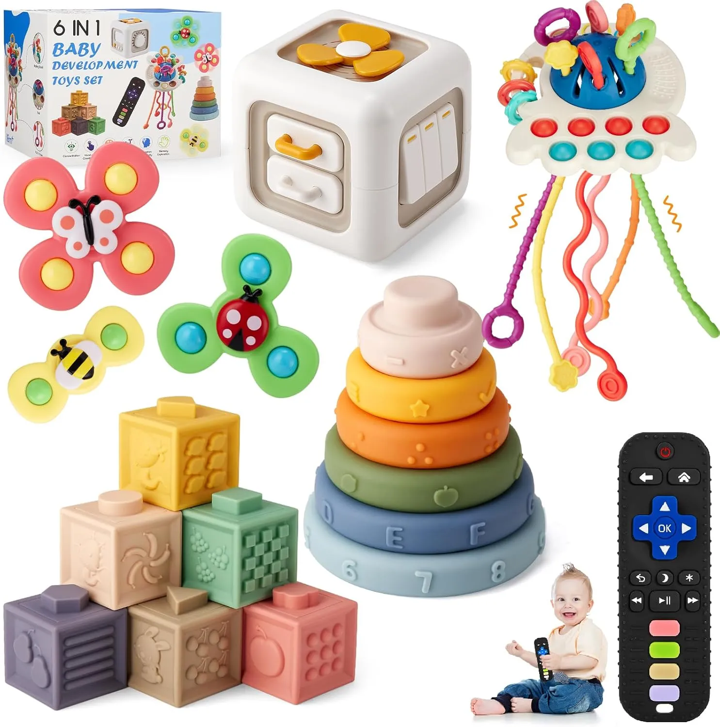 VoMii 18Pcs Baby Toys 6-12-18 Months, Montessori Toys for Babies Newborn Teether Sorting Stacking Blocks Spinner Toy Activity Cube Pull Push Sensory Toy for Toddlers 1-2-3 Years