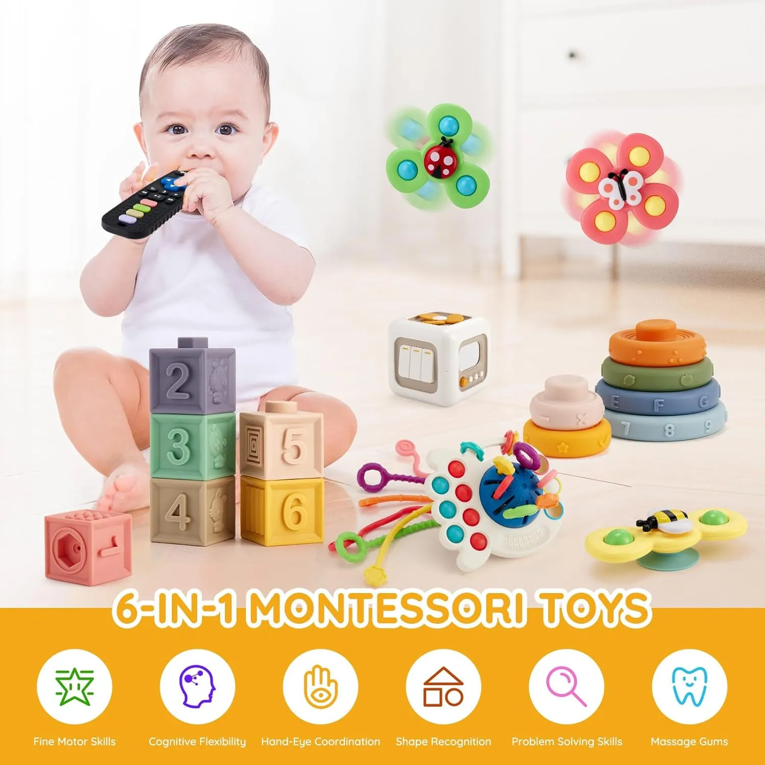 VoMii 18Pcs Baby Toys 6-12-18 Months, Montessori Toys for Babies Newborn Teether Sorting Stacking Blocks Spinner Toy Activity Cube Pull Push Sensory Toy for Toddlers 1-2-3 Years