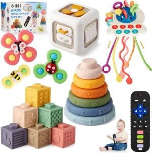 VoMii 18Pcs Baby Toys 6-12-18 Months, Montessori Toys for Babies Newborn Teether Sorting Stacking Blocks Spinner Toy Activity Cube Pull Push Sensory Toy for Toddlers 1-2-3 Years