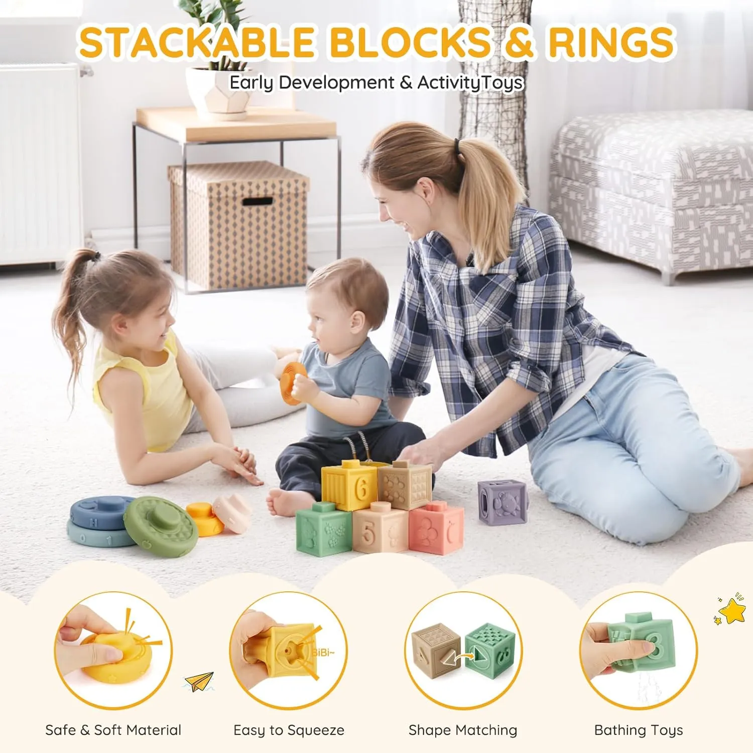 VoMii 18Pcs Baby Toys 6-12-18 Months, Montessori Toys for Babies Newborn Teether Sorting Stacking Blocks Spinner Toy Activity Cube Pull Push Sensory Toy for Toddlers 1-2-3 Years