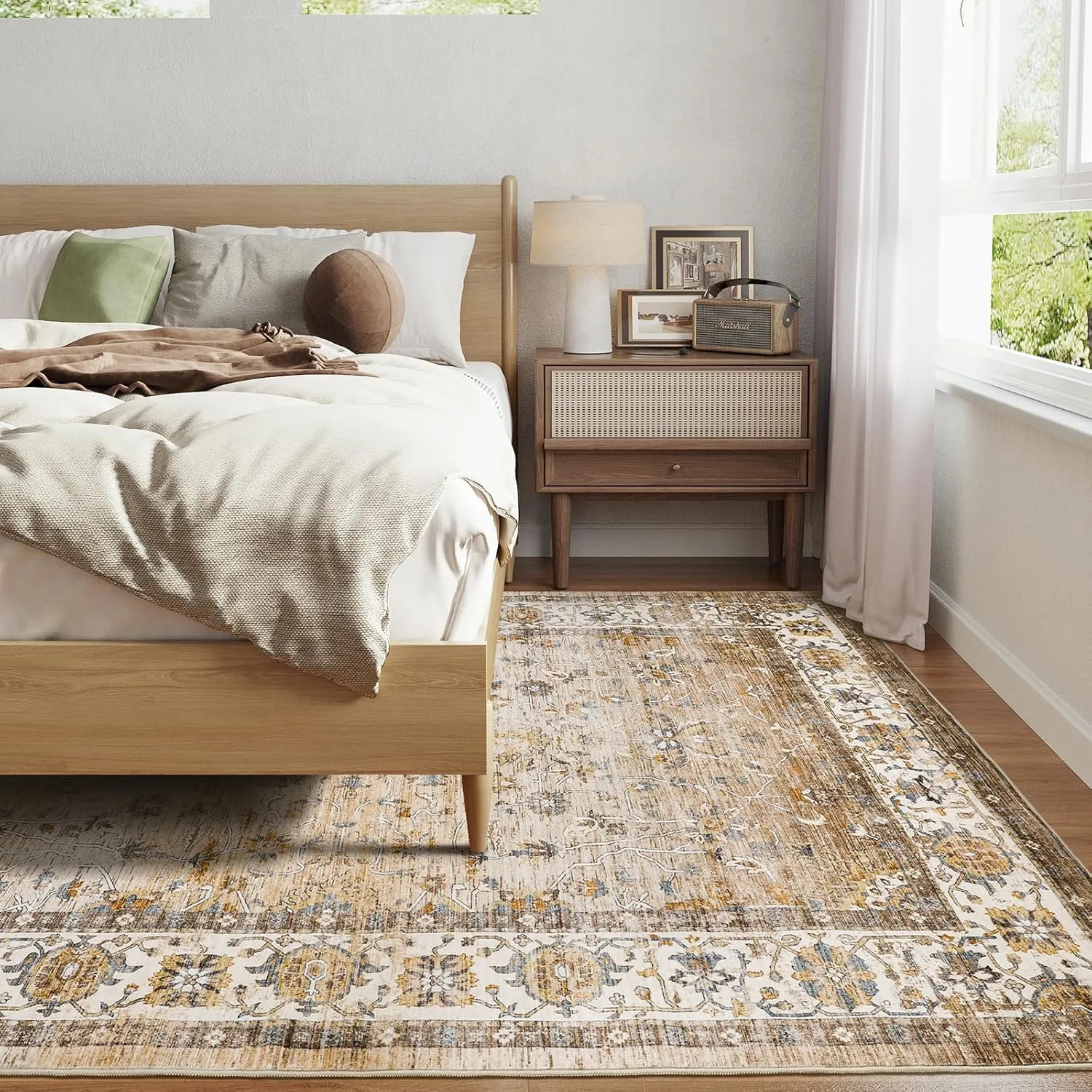 Washable Area Rug 8x10, Large Soft Rugs for Living Room - Stain Resistant Non-Slip Backing Rugs for Bedroom, Vintage Large Area Rug (Turmeric/Grey,8'x10')