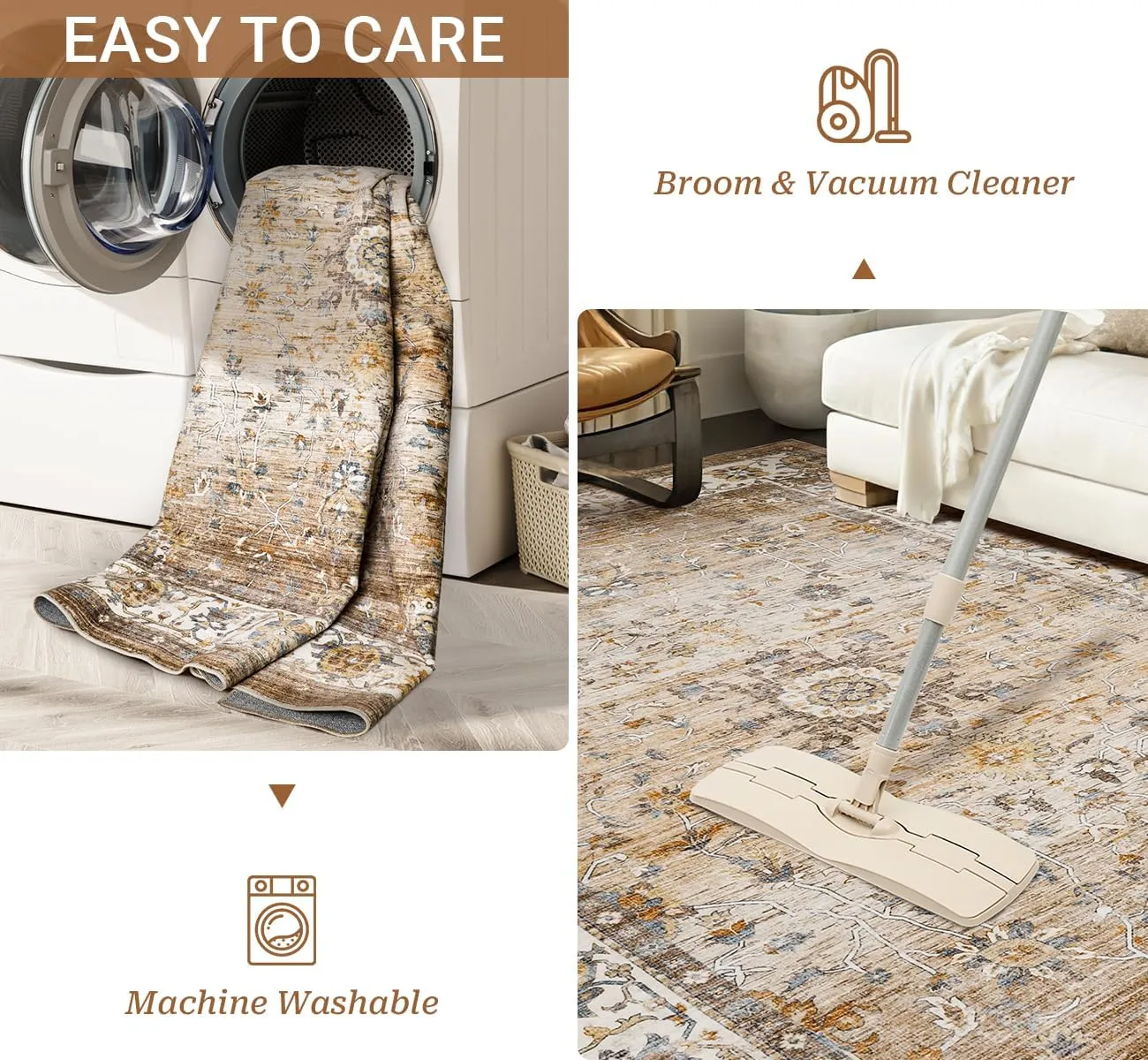Washable Area Rug 8x10, Large Soft Rugs for Living Room - Stain Resistant Non-Slip Backing Rugs for Bedroom, Vintage Large Area Rug (Turmeric/Grey,8'x10')