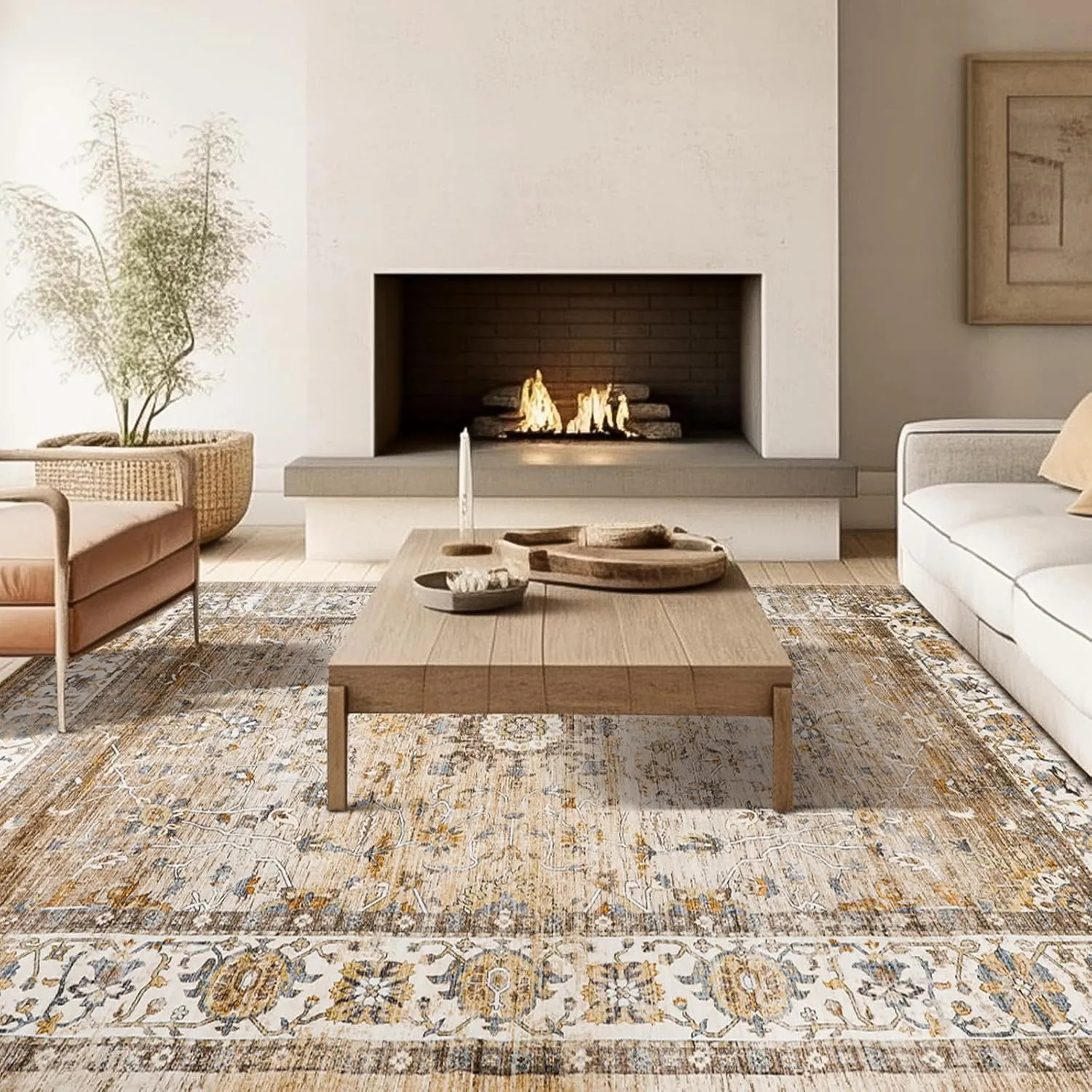 Washable Area Rug 8x10, Large Soft Rugs for Living Room - Stain Resistant Non-Slip Backing Rugs for Bedroom, Vintage Large Area Rug (Turmeric/Grey,8'x10')