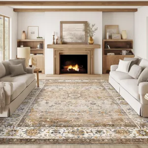 Washable Area Rug 8x10, Large Soft Rugs for Living Room - Stain Resistant Non-Slip Backing Rugs for Bedroom, Vintage Large Area Rug (Turmeric/Grey,8'x10')
