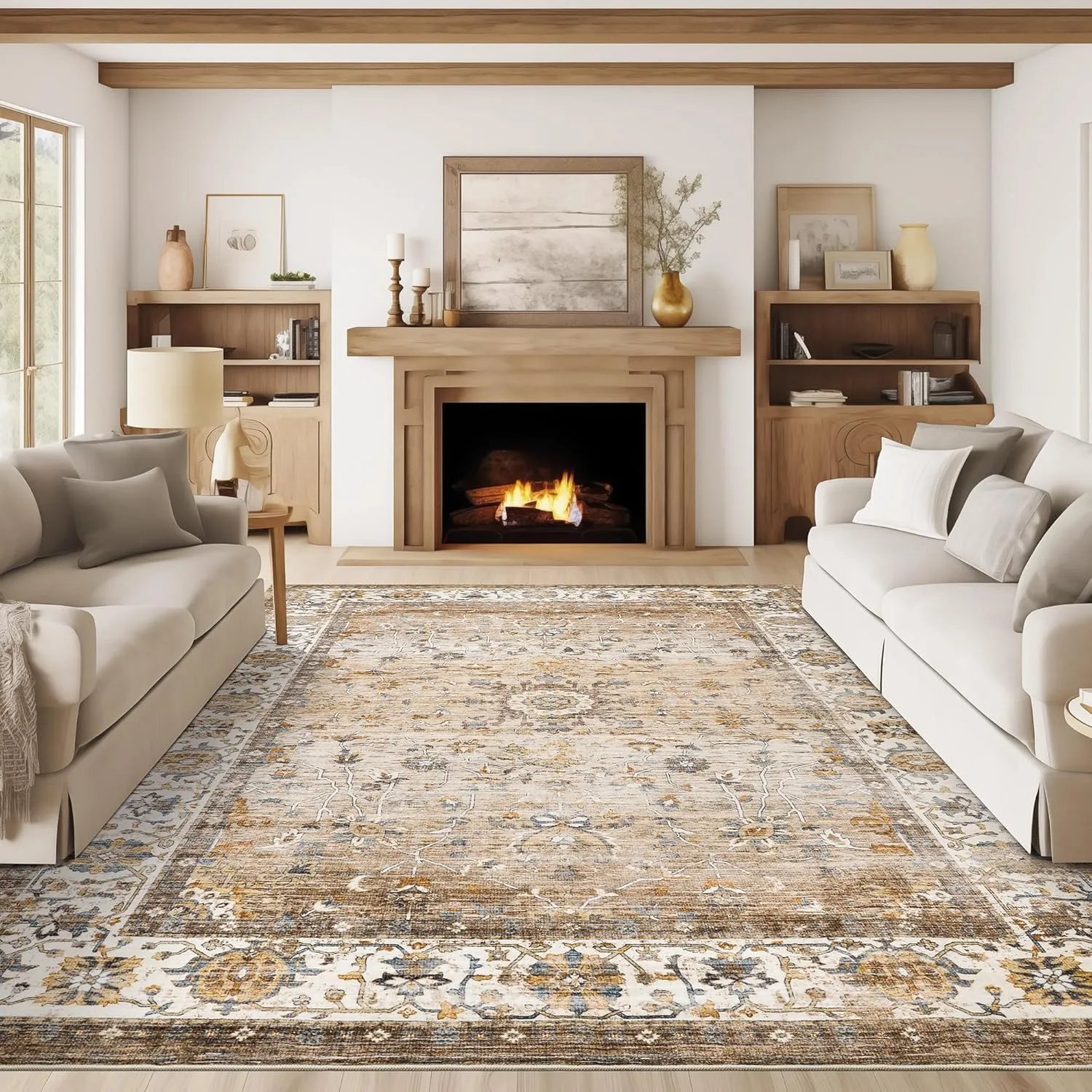 Washable Area Rug 8x10, Large Soft Rugs for Living Room - Stain Resistant Non-Slip Backing Rugs for Bedroom, Vintage Large Area Rug (Turmeric/Grey,8'x10')