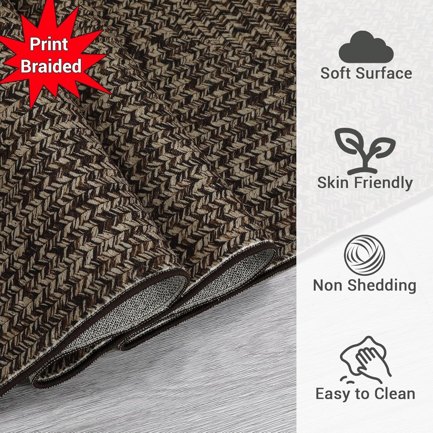 Washable Area Rugs 5x7 Rug for Living Room Braided Print Non Slip Modern Soft Bedroom Rug Farmhouse Throw Rugs Contemporary Stain Resistant Carpet for Dining Room 5'x7' Black/Brown