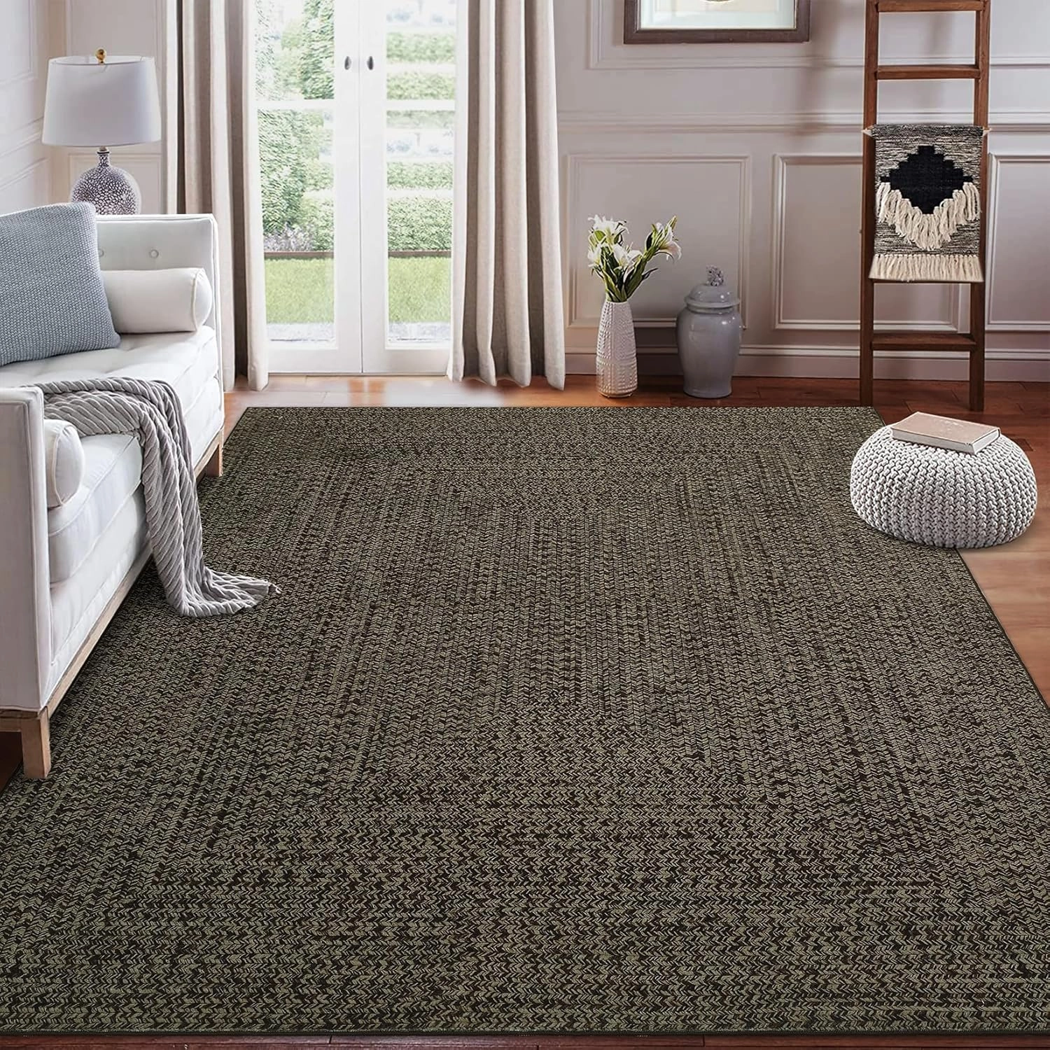 Washable Area Rugs 5x7 Rug for Living Room Braided Print Non Slip Modern Soft Bedroom Rug Farmhouse Throw Rugs Contemporary Stain Resistant Carpet for Dining Room 5'x7' Black/Brown