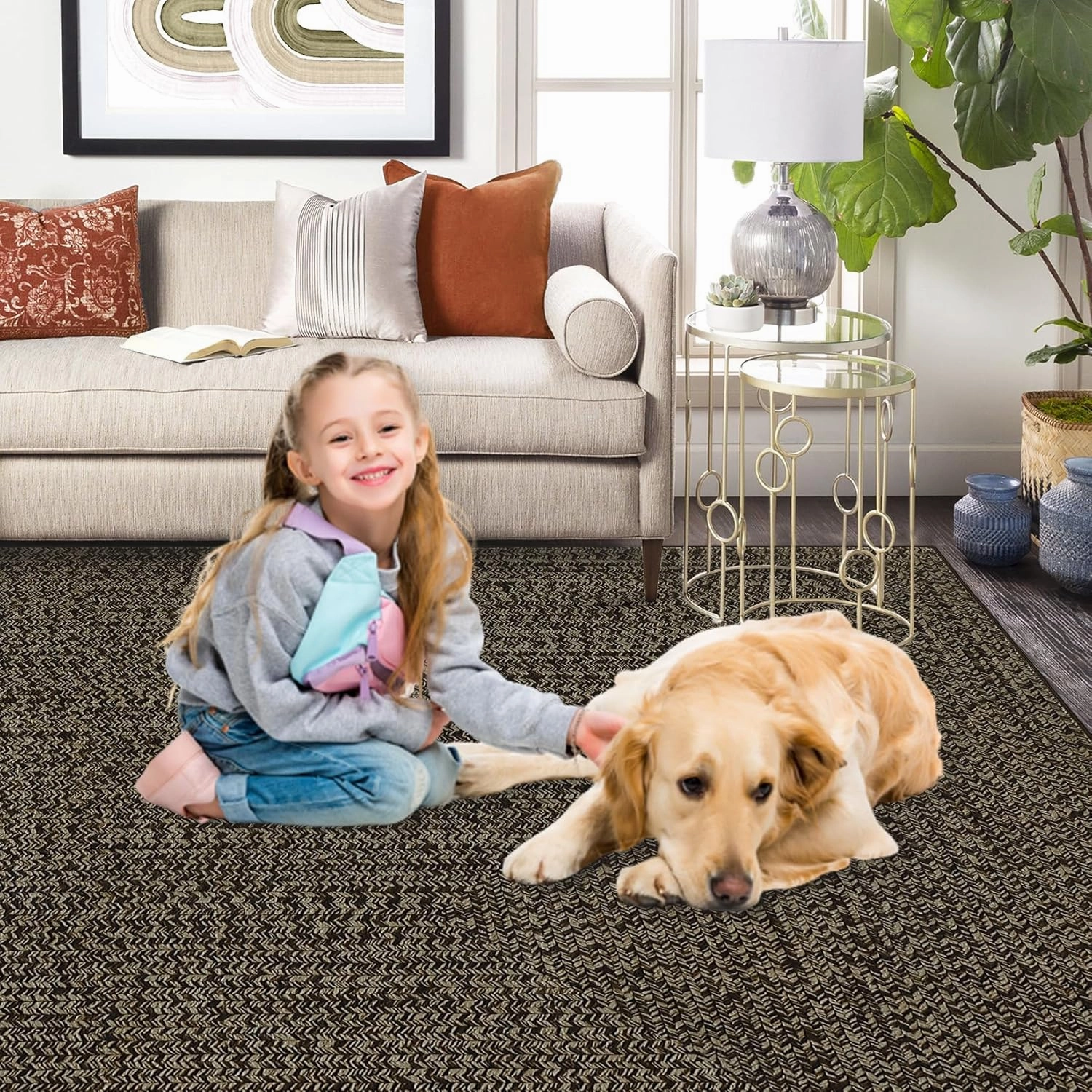 Washable Area Rugs 5x7 Rug for Living Room Braided Print Non Slip Modern Soft Bedroom Rug Farmhouse Throw Rugs Contemporary Stain Resistant Carpet for Dining Room 5'x7' Black/Brown