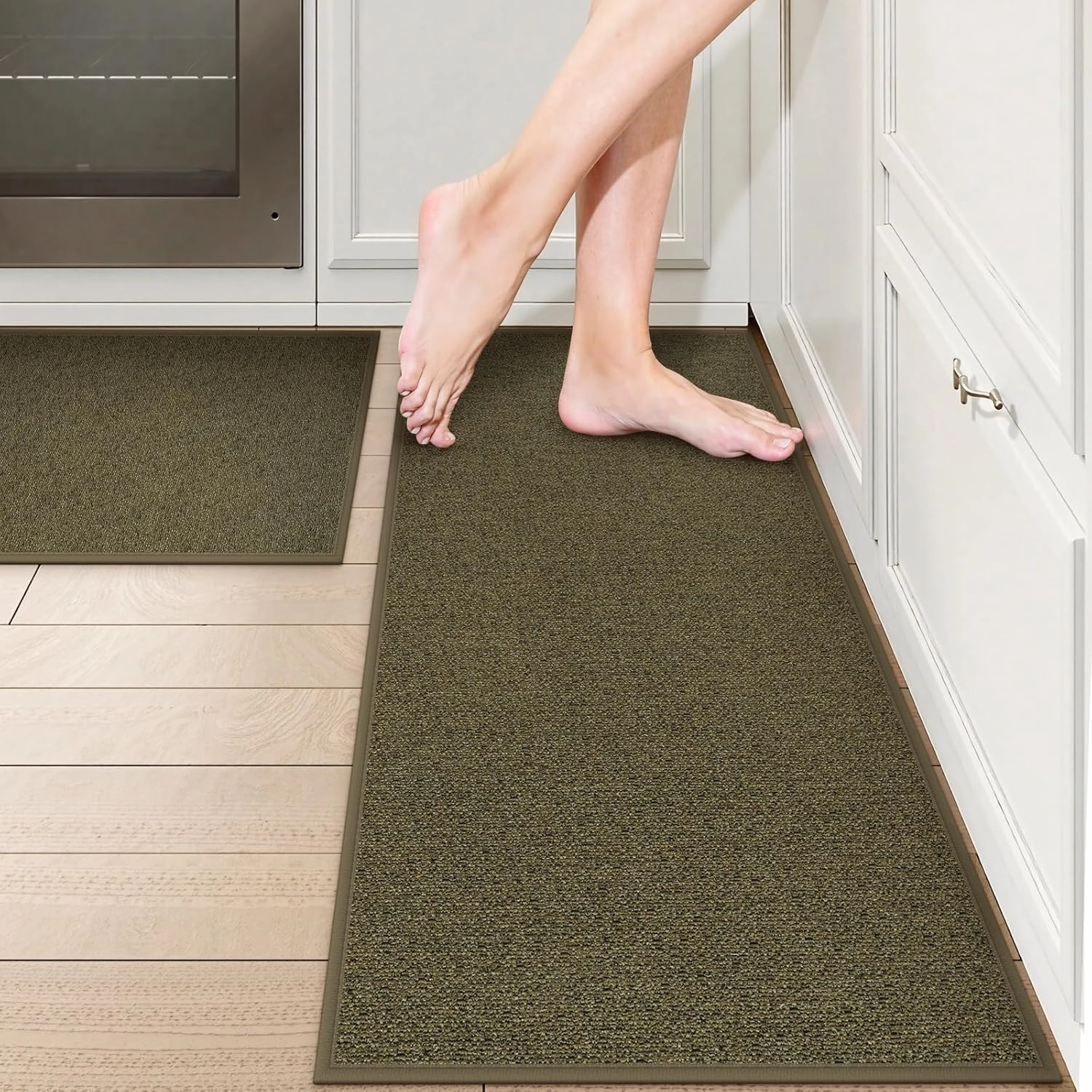 Washable Kitchen Rugs Sets of 2, Non Slip Farmhouse Kitchen Mats for Floor Absorbent Runner Rug, Easy Jute Carpet Runners for Hallway,Front of Sink,Laundry,Doorway(Beige&Green)